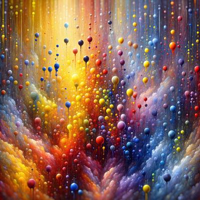 The primary subject of the image is a colorful painting featuring a variety of balloons and bubbles. The setting is a cloudy sky, and the visual style is a mix of digital art and illustration. The dominant colors in the painting are yellow, blue, and red, creating a vibrant and lively atmosphere.